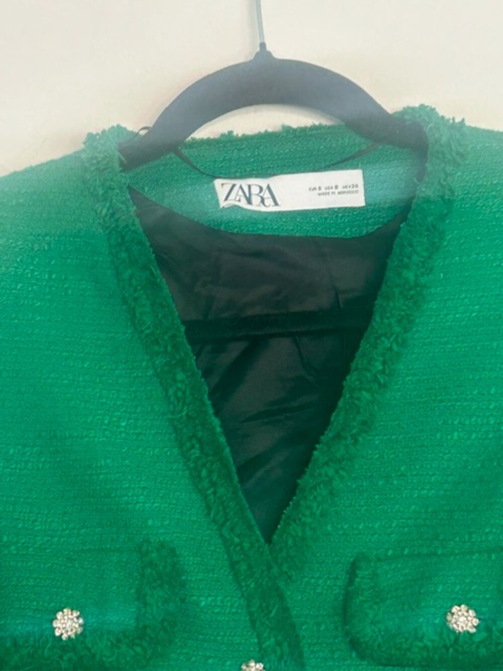 Zara Lush Green Tweed Jeweled Rhinestone Buttons Raw Fringe Trim Lined Jacket - Picture 4 of 16